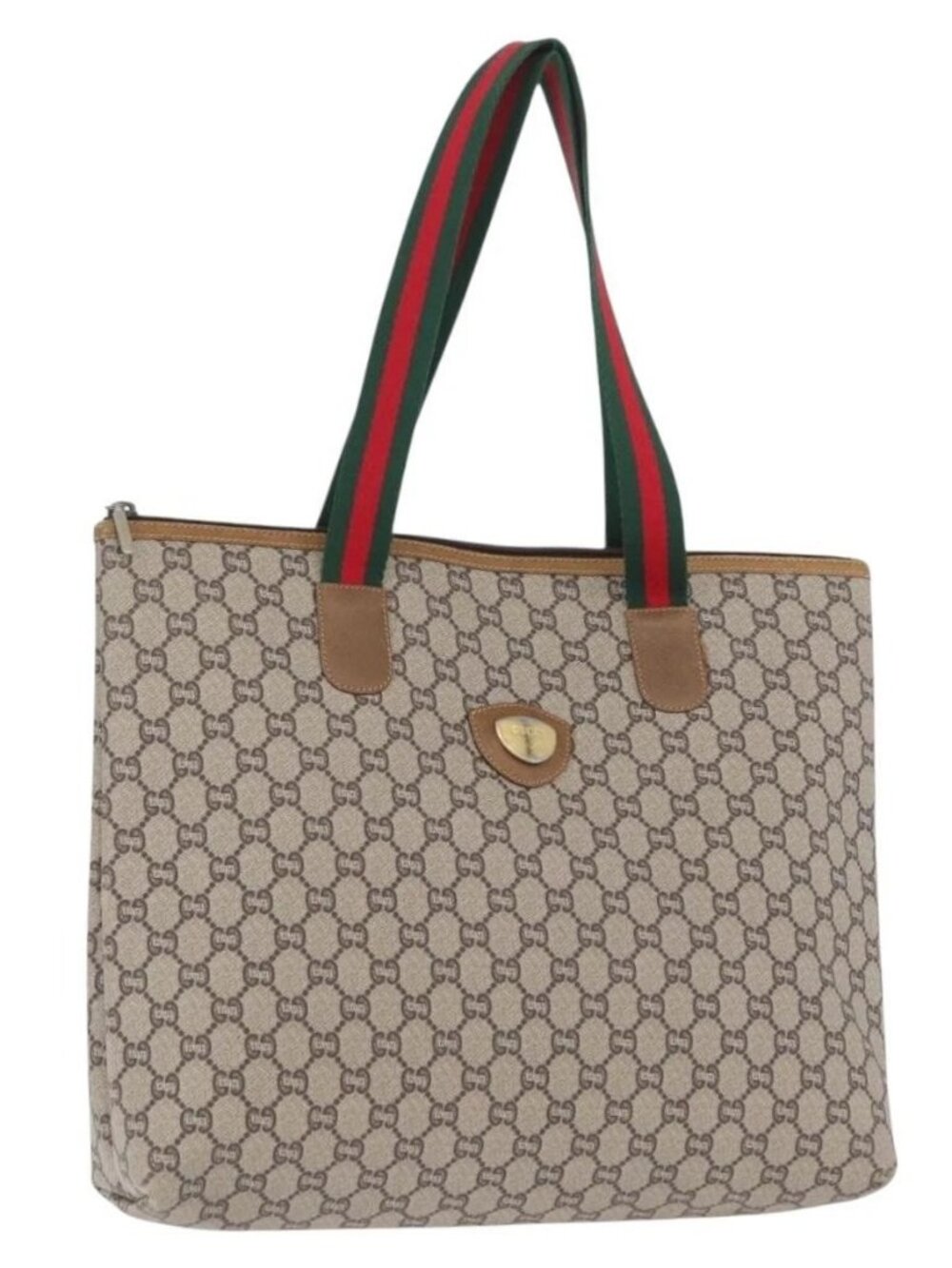 GUCCI GG Plus Supreme Web Sherry Line Tote Bag PVC Beige Red Green Auth 173818 - Picture 1 of 15